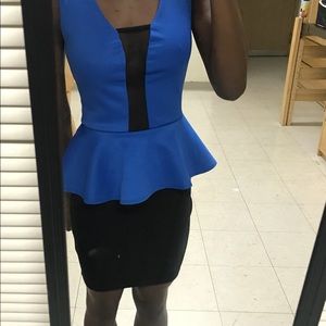 Blue & black fitted peplum dress with mess cutouts